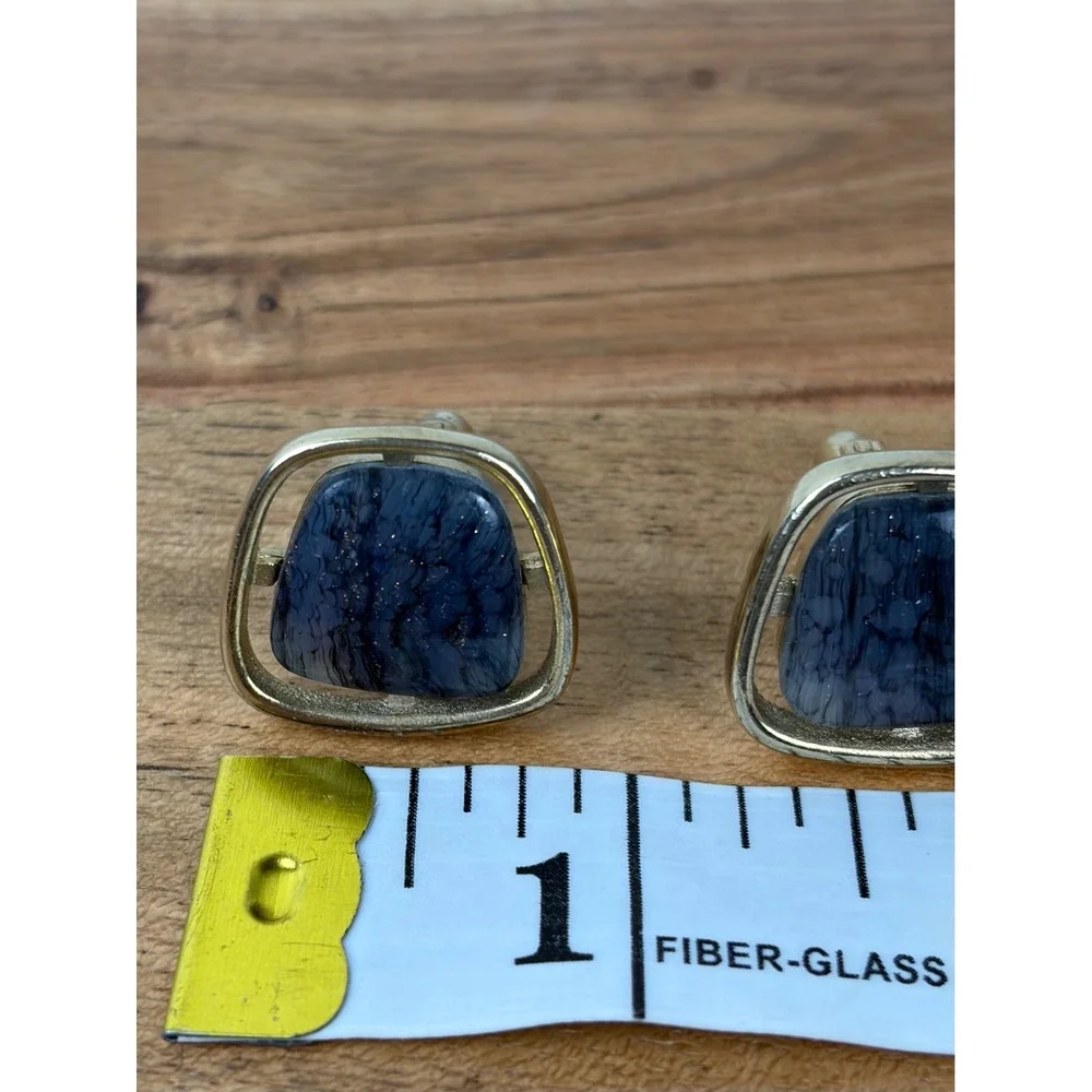 Hickok Cufflinks Blue Gray Gold Vintage MCM Marbled Stone Old Money Toggle